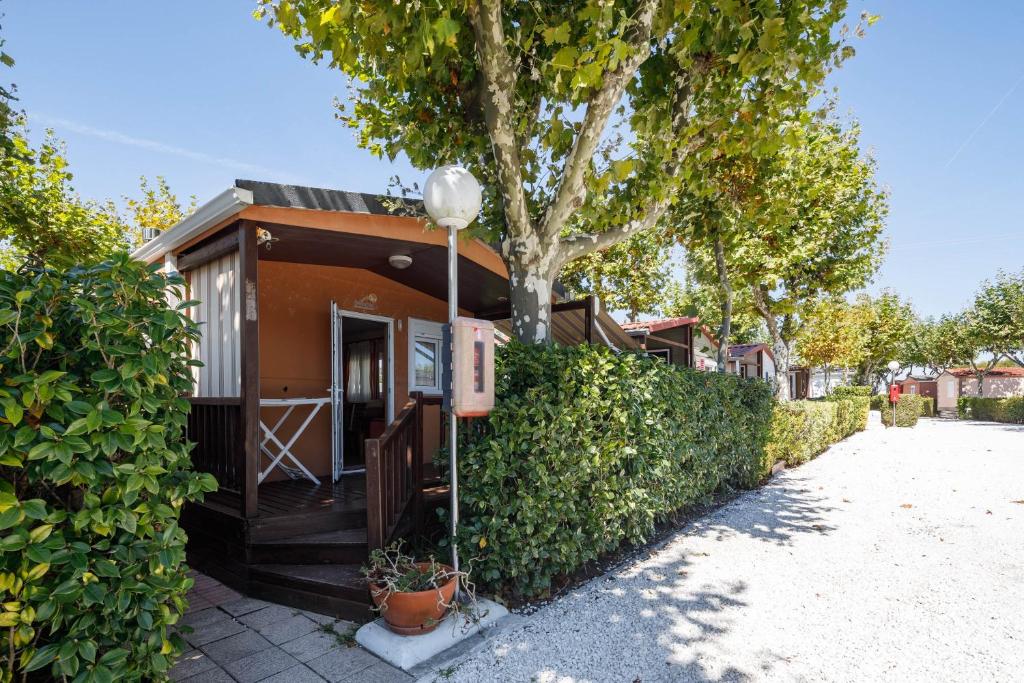 a tiny house with a porch and a tree at Bungalow C in Pontevedra