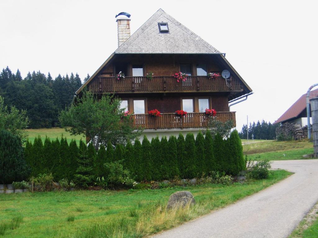 a house with a balcony with red flowers on it at Ferienwohnung Wernet in Schönwald