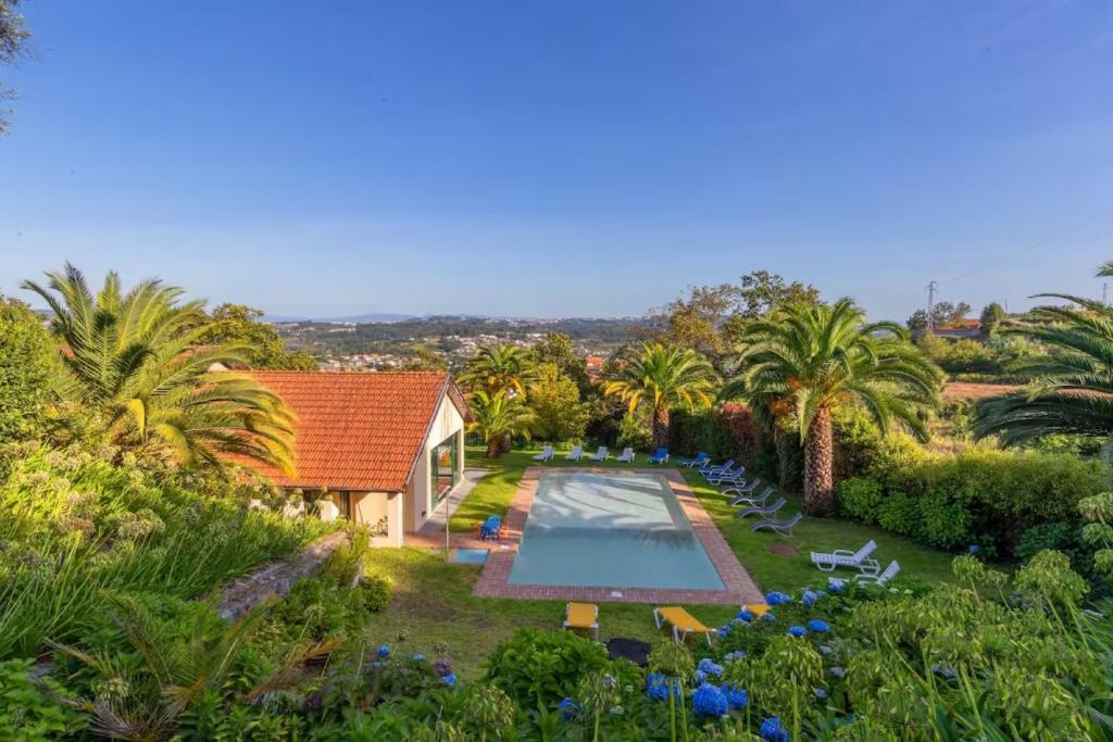 an aerial view of a house with a swimming pool and palm trees at Casa de Valdemar in Felgueiras