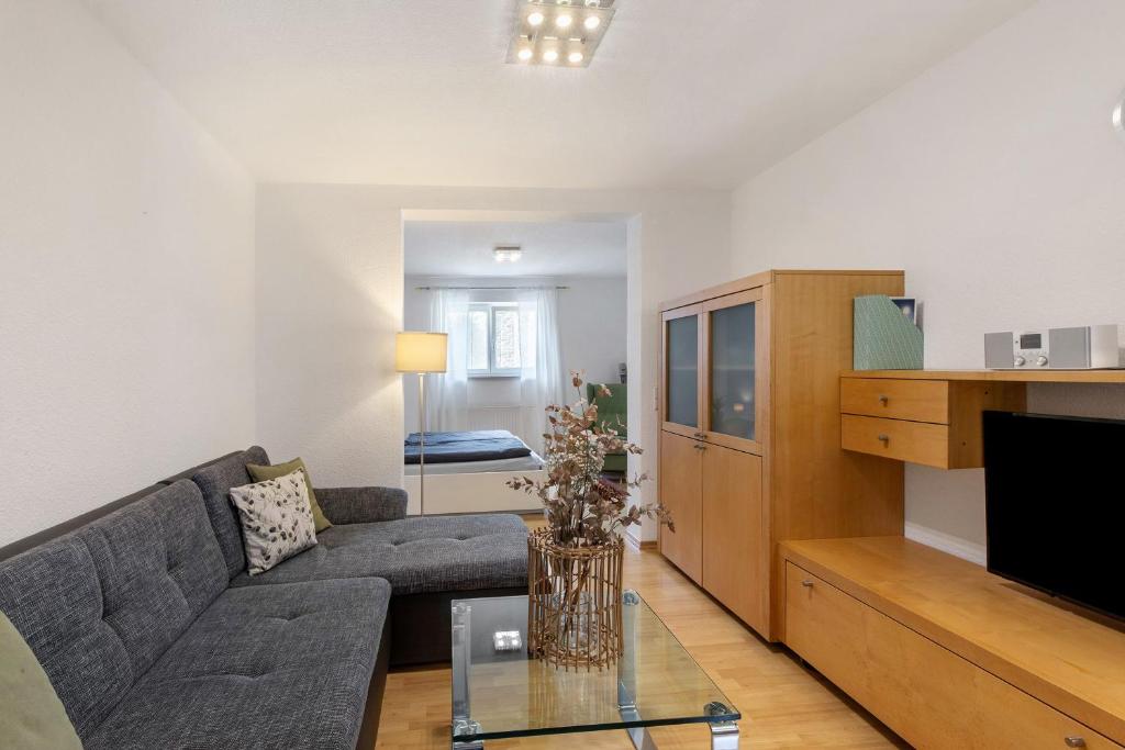 a living room with a couch and a tv at Ferienwohnung Emilia, 36qm in Münsingen