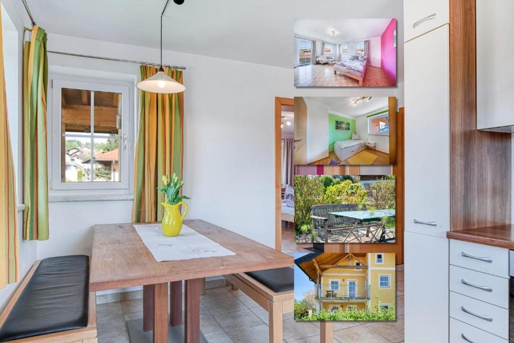 a kitchen with a table and a dining room at Haus Reichl in Berndorf bei Salzburg