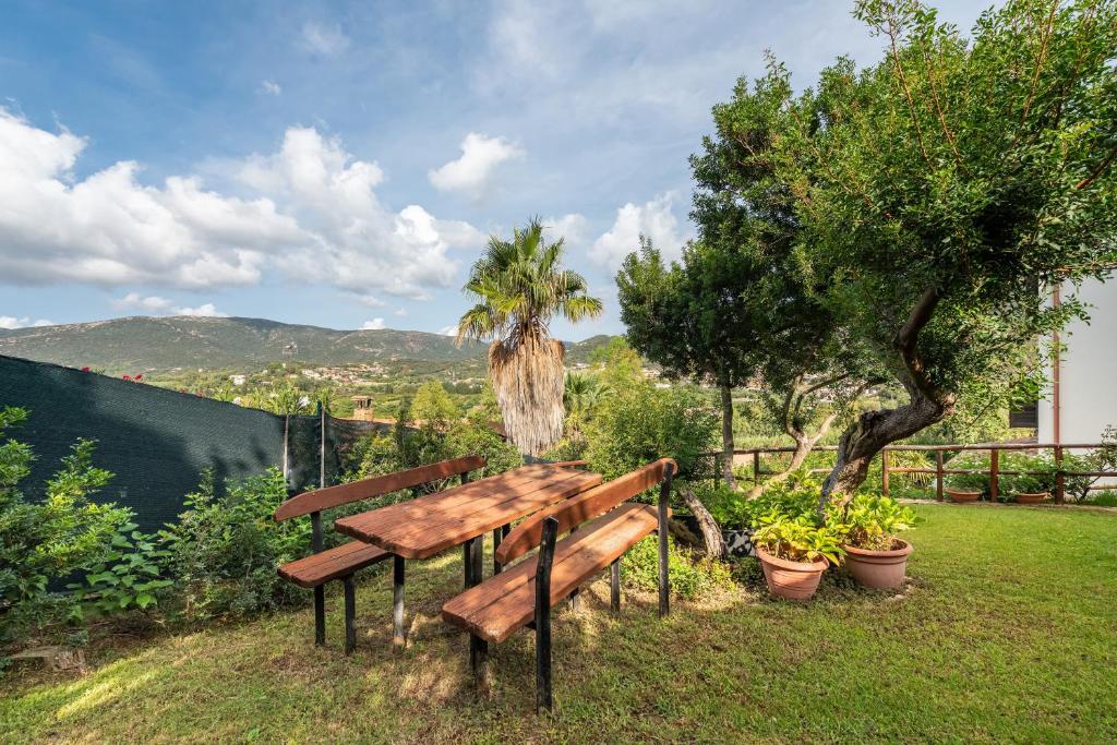una panchina di legno posta in cima a un campo di Appartamento Chia A a Chia