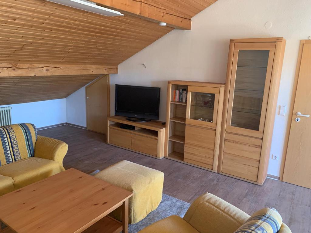 a living room with a couch and a tv at Ferienwohnung Käppeler in Salem