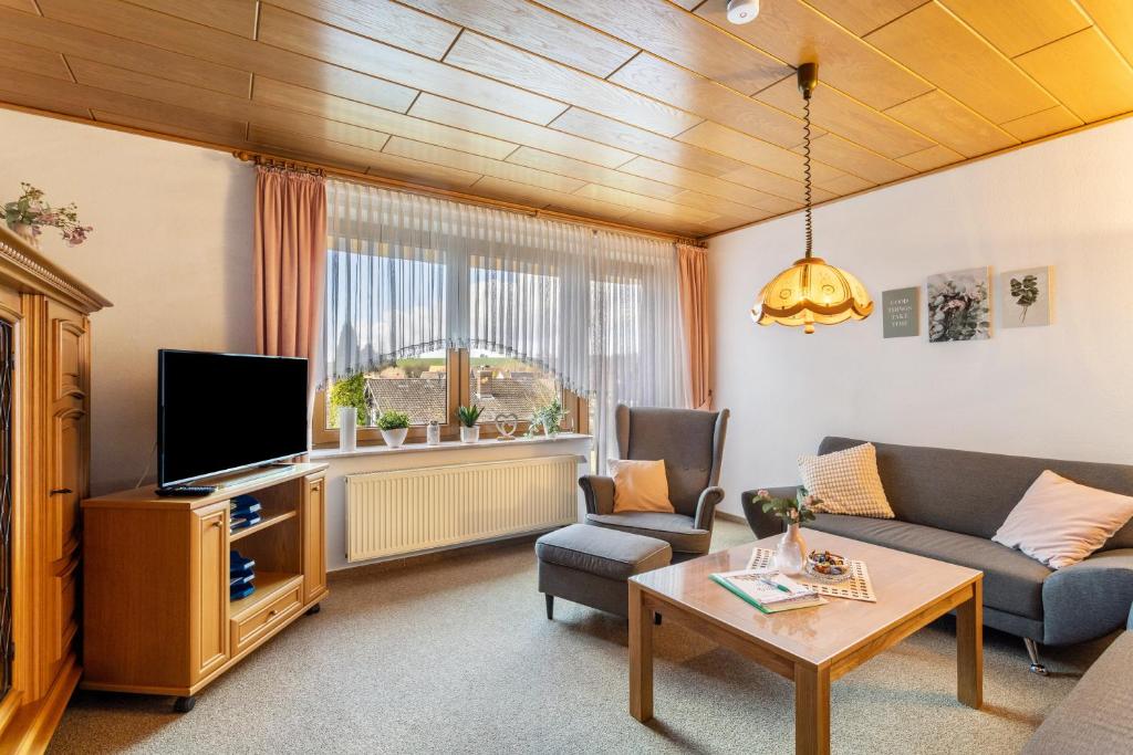 a living room with a couch and a tv at Ferienwohnung Tannenberg in Diemelstadt 