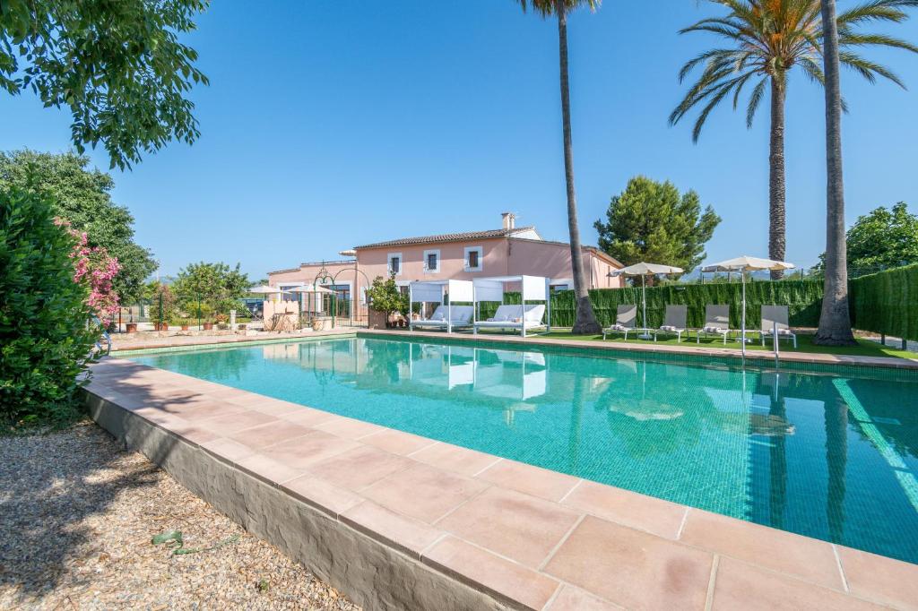 a swimming pool with palm trees and a house at Son Guillem in Son Sardina