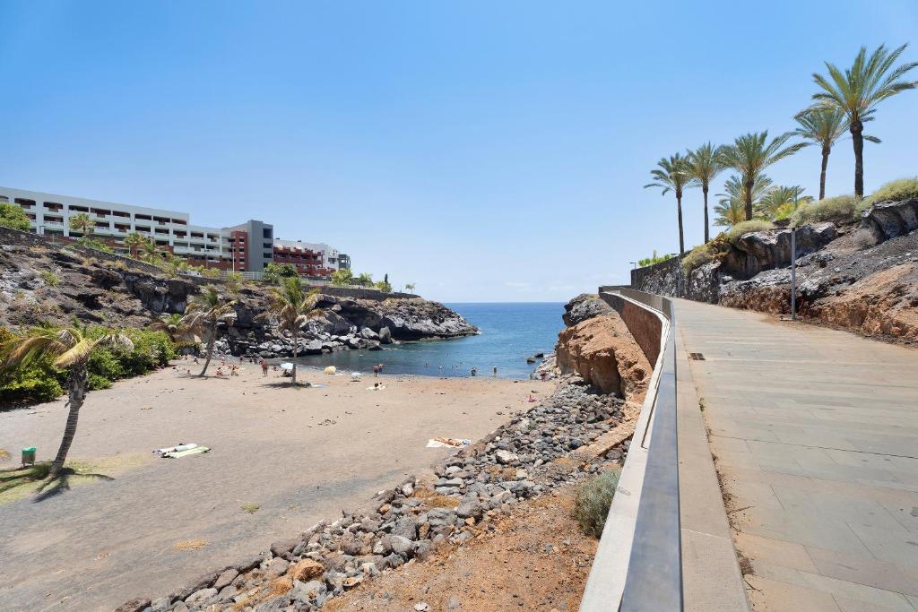 a beach with palm trees and the ocean and a walkway at 418 Panoramic View Playa Paraiso in Adeje