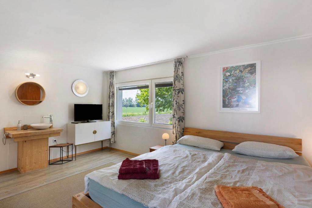 a bedroom with a large bed and a window at Tiny House zum See in Uhldingen-Mühlhofen