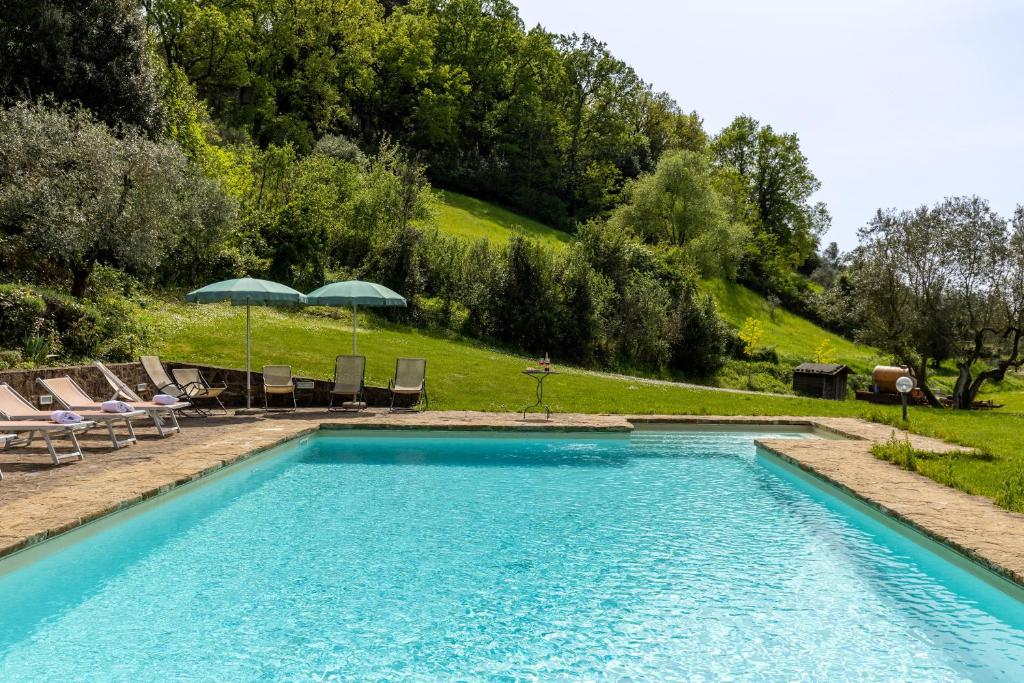 a swimming pool with chairs and umbrellas on a hill at Podere San Bartolo- Fienile in Barberino di Val dʼElsa