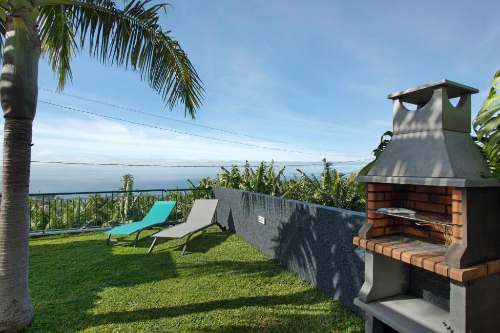 a patio with a fireplace and a palm tree at Capelos in Funchal