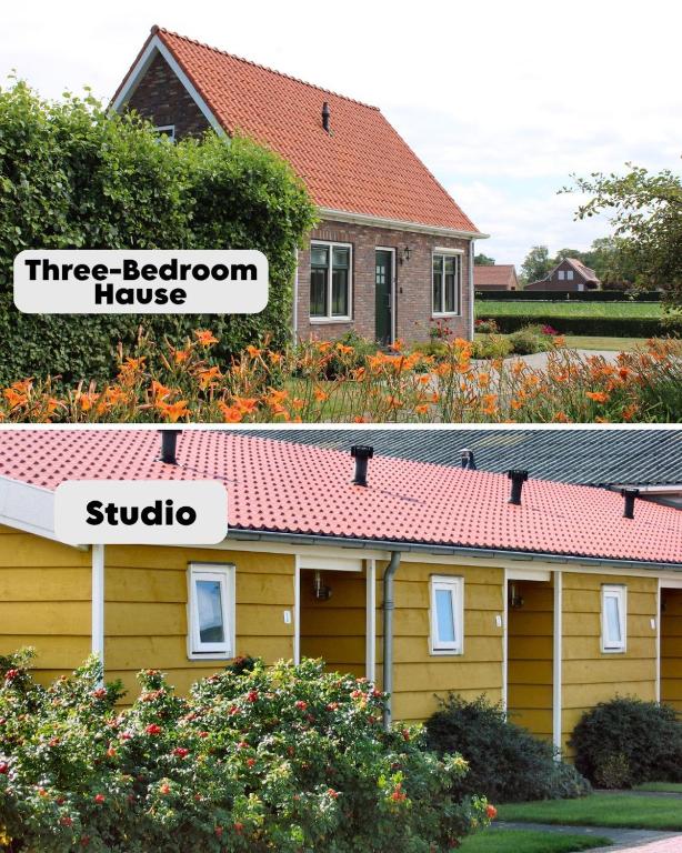 two pictures of a house with the words three bedroom house and suburb at Sint Anthonijshoek in Koudekerke