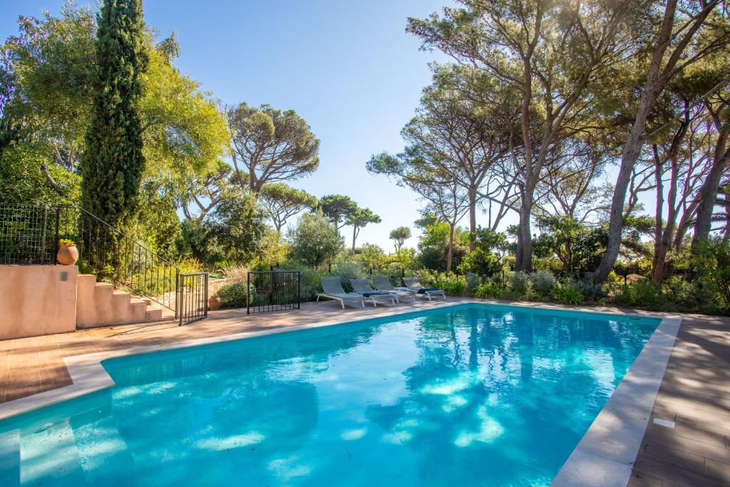 a swimming pool in a yard with trees at Villa Chantegrive in Roquebrune-sur-Argens