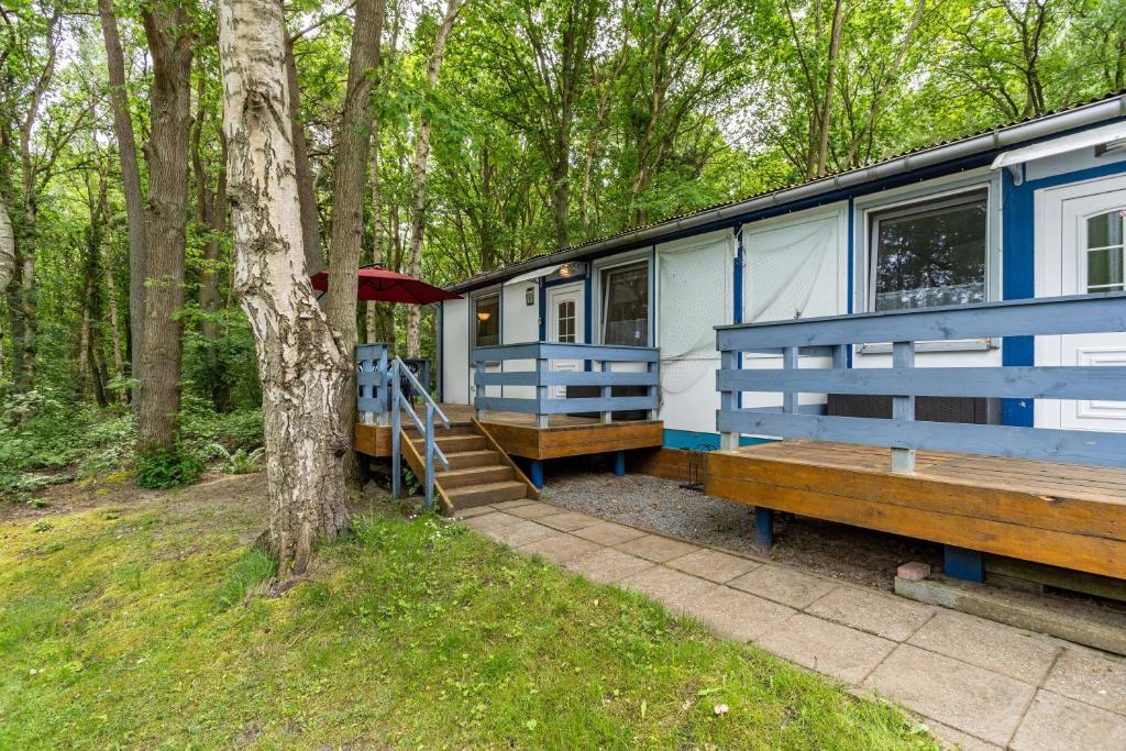 a blue and white train parked in the woods at Bungalow Bark Sedov, Bgl 3 in Dranske