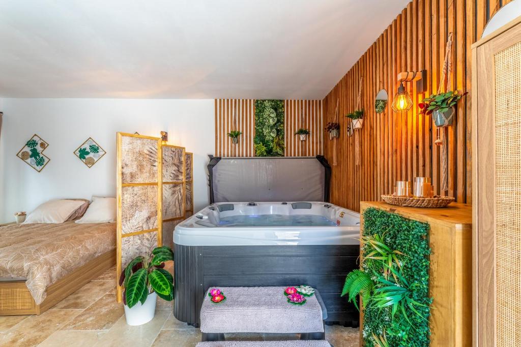 a bathroom with a tub in the middle of a room at Une parenthèse en luberon, jacuzzi in Les Taillades