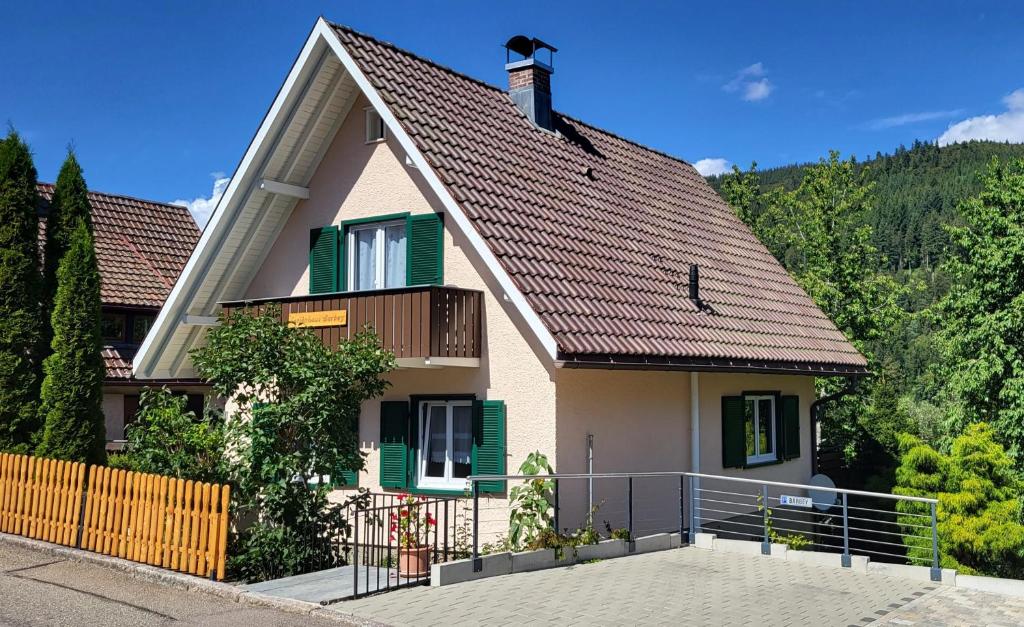 a house with green shutters and a brown roof at Ferienhaus Barbey in St. Blasien