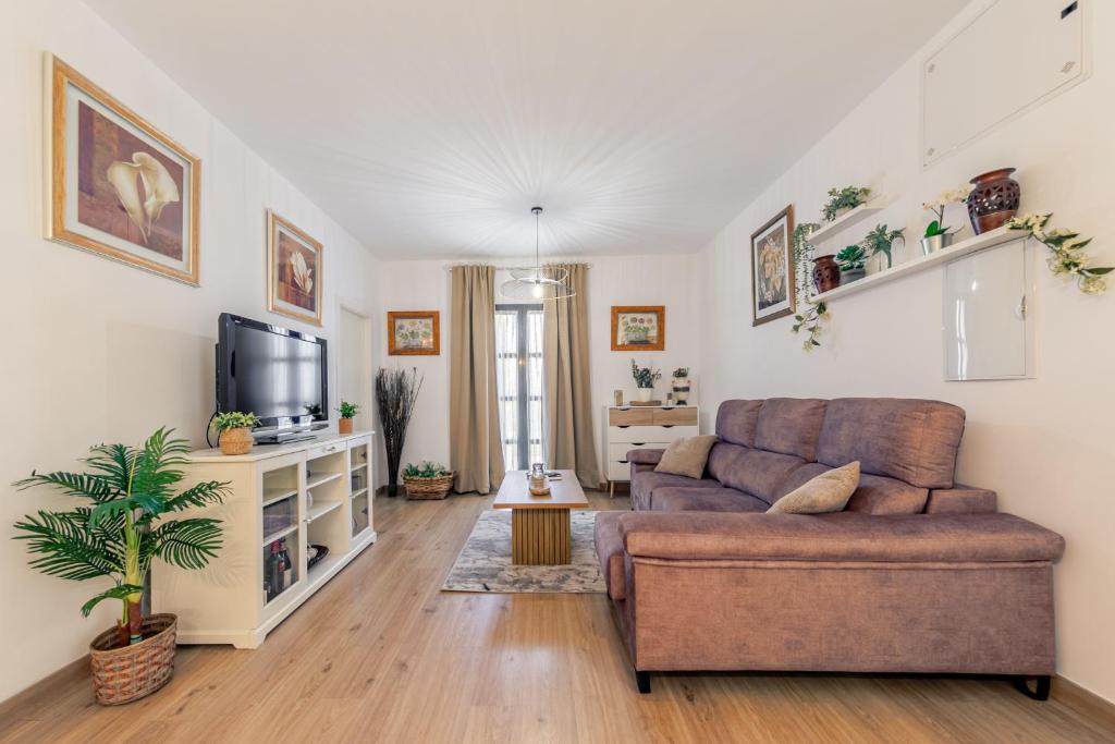 a living room with a couch and a tv at Iconic Center in Seville