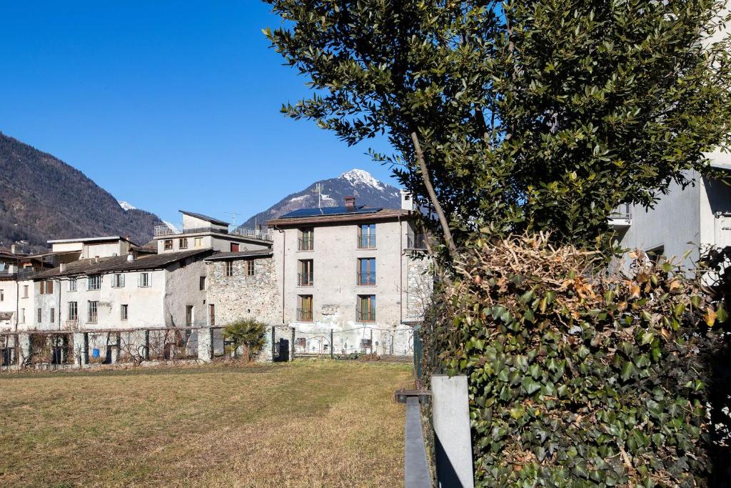 a building with a tree in front of a field at Casa Ronden Mortirolo in Mazzo di Valtellina