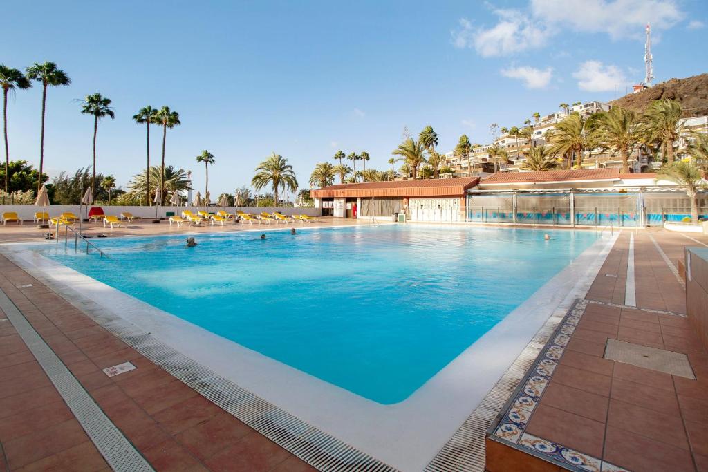 a large swimming pool with palm trees in the background at Vista Roja in San Agustin
