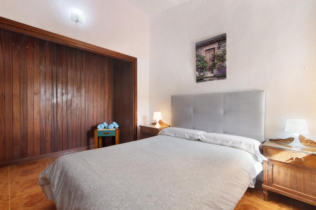 a bedroom with a large bed and a wooden wall at Vivienda V Torres 1 in Vega de San Mateo