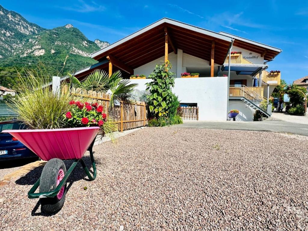 a pink wheelbarrow with flowers in front of a house at Kristallhof Fewo Bergblick in Caldaro