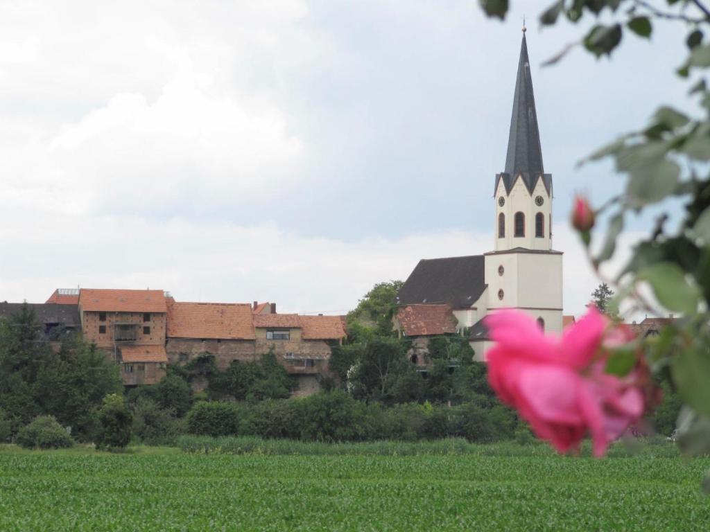 a church with a pink flower in front of a field at Ferien- und Gästehaus Jockgrim in Jockgrim