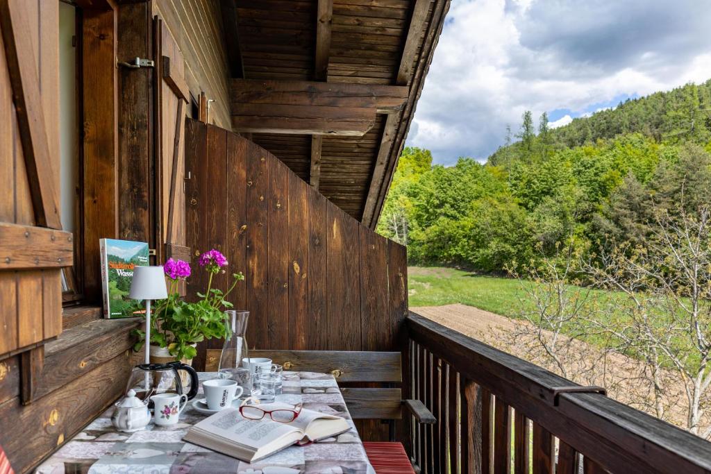 a table on the balcony of a house with a view of a field at Pardellerhof Tschafonblick in Campodazzo