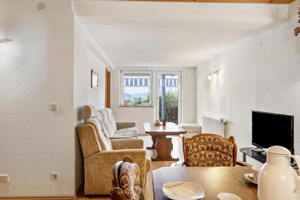 a living room with a couch and a tv at Ferienwohnung Schuhmacher in Donaueschingen