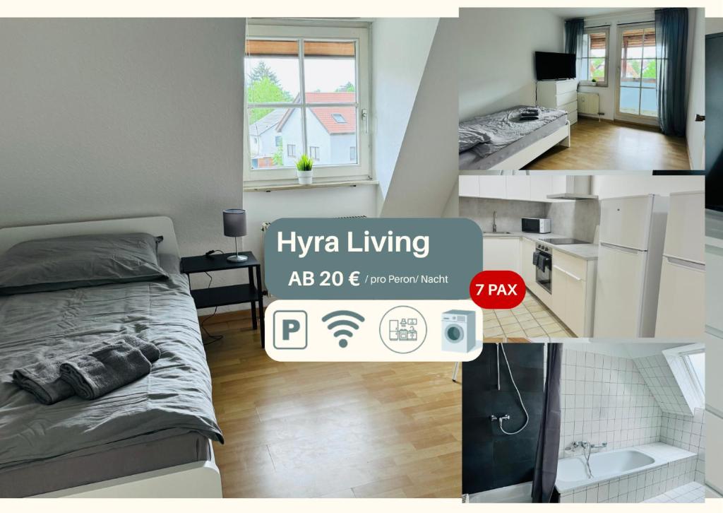 two pictures of a bedroom with a bed and a kitchen at TOP Monteurwohnung, 7 Einzelbetten, Küche, Parkplatz, Nähe Heilbronn I Hyra Living I GEM01 in Gemmingen