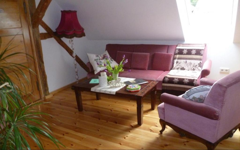 a living room with a pink couch and a table at Auszeit Landleben in Sallgast