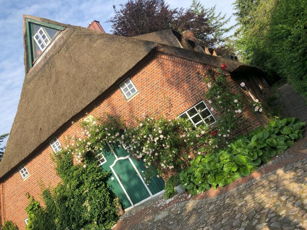 ein Backsteinhaus mit einem Fenster und Blumen in der Unterkunft Bücherträume in Windeby
