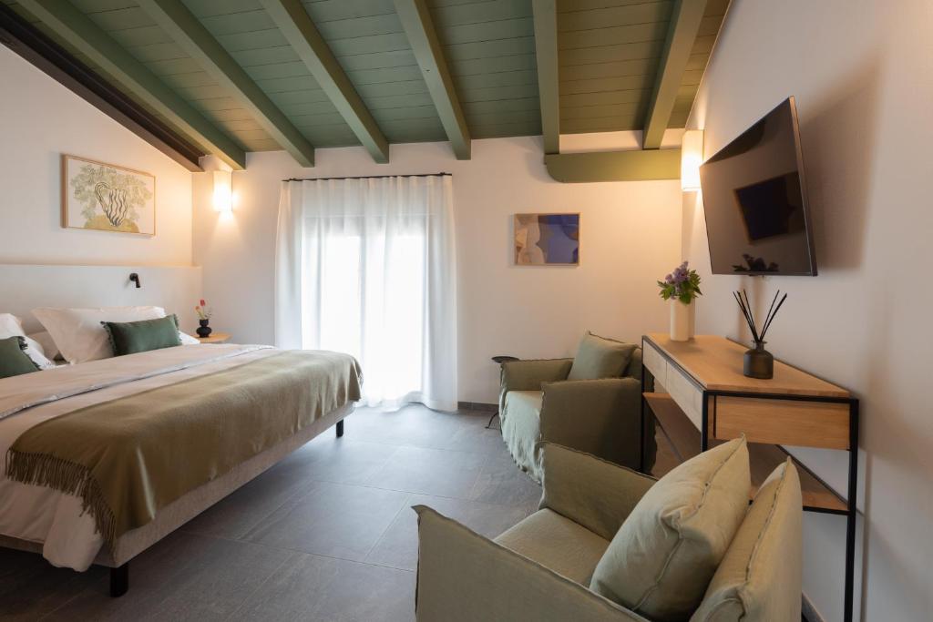 a bedroom with a bed and a couch and a tv at Vigne del Malina - Agriturismo & Winery in Orzano