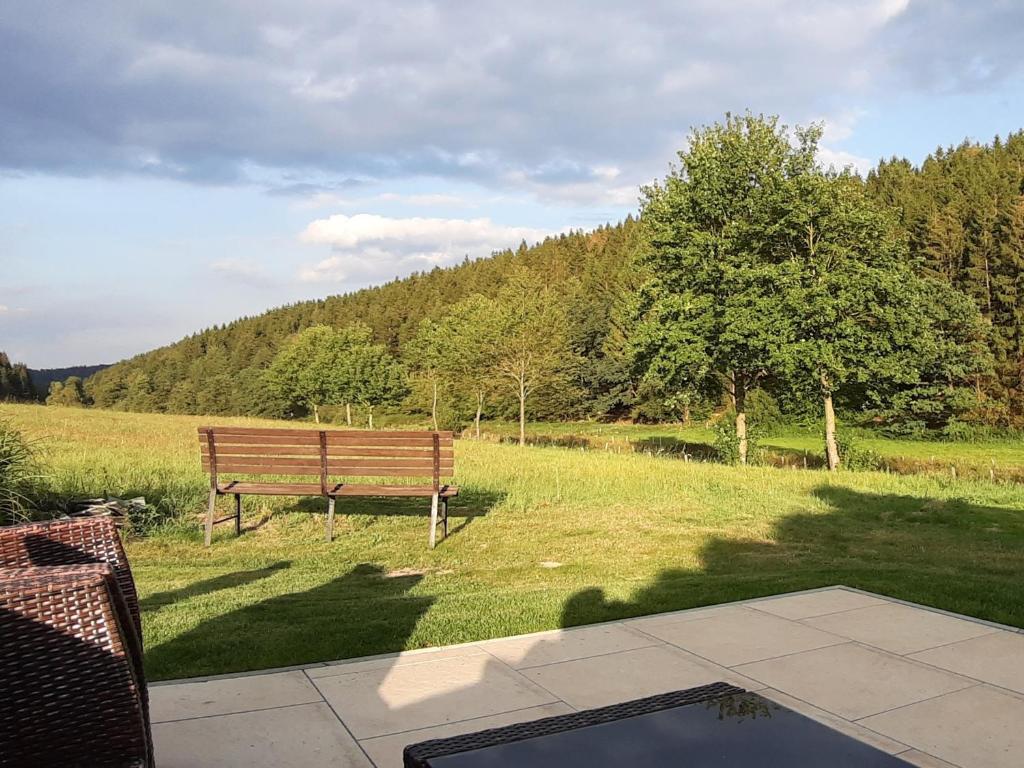a park bench sitting in a field with a tree at Ferienwohnung Ruhrort in Brilon