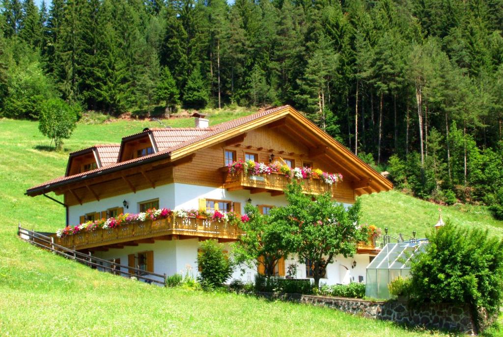 a house on a hill with flowers on it at Bergblick App Lärche in Villnoss