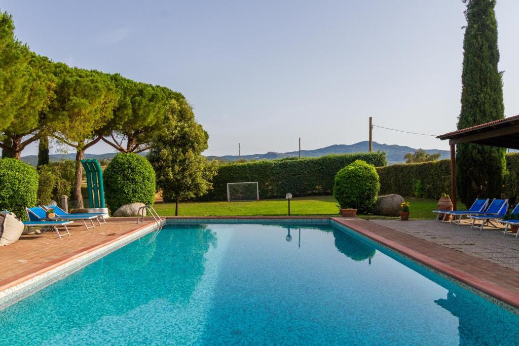 a swimming pool in a yard with blue chairs at Capracotta - Luna in Montemassi