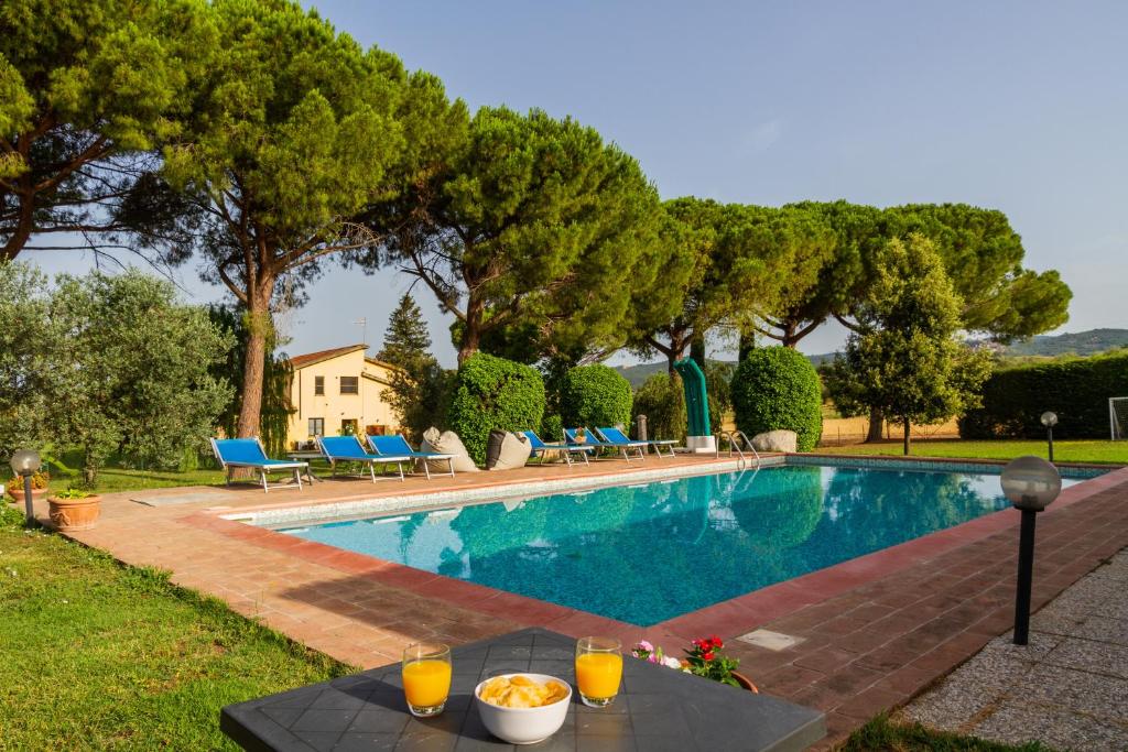a swimming pool with a table with orange juice on it at Capracotta - Aurora in Montemassi