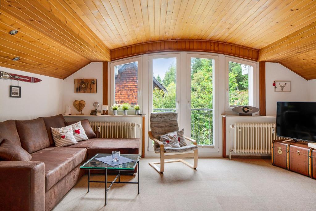 a living room with a couch and a tv at Feldbergstern in Feldberg