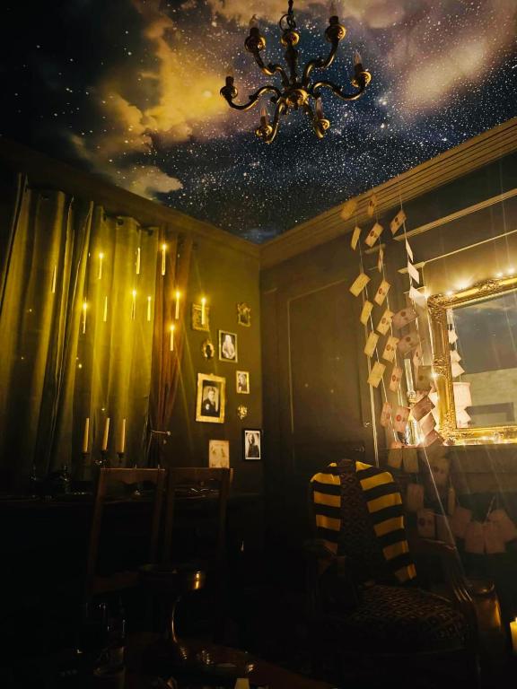 a room with a starry ceiling and a chandelier at Le refuge des Mans-raudeurs in Le Mans