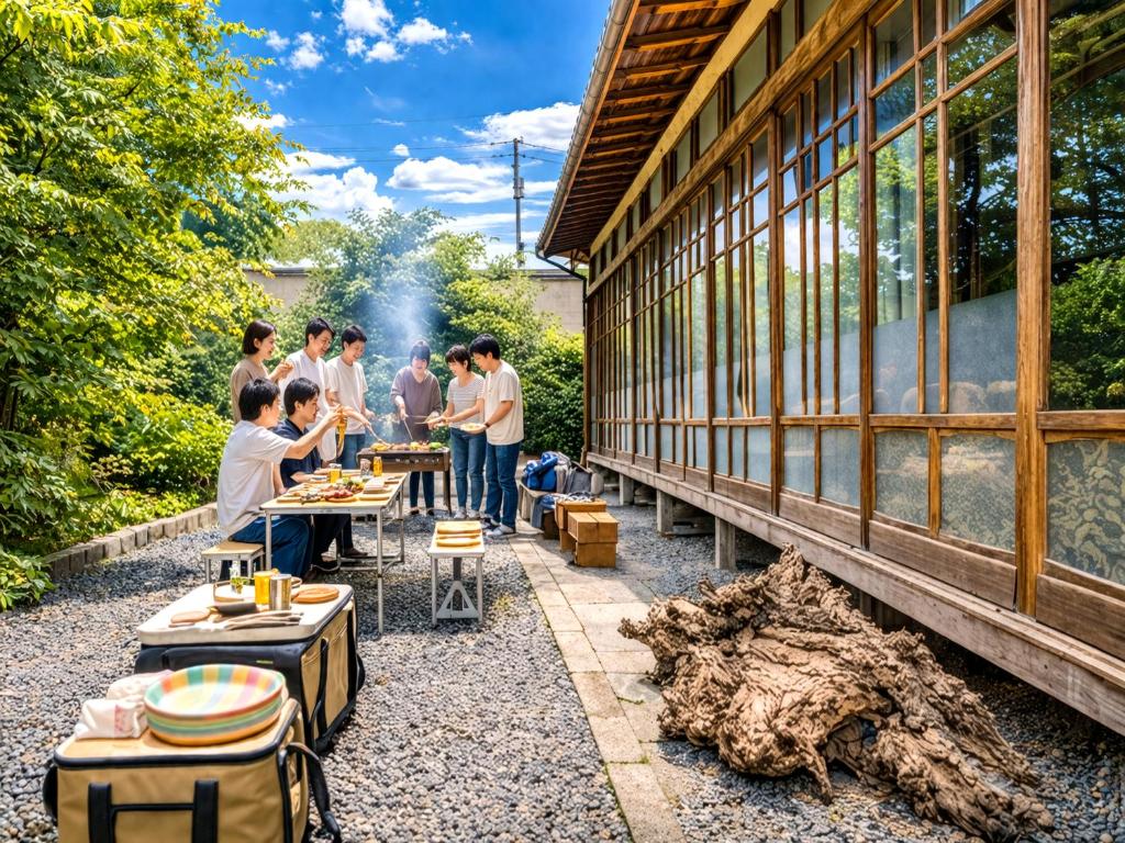 a group of people standing outside of a building at 里や 糸島 川遊び Bbq 花火を楽しむ古民家1棟貸し in Itoshima