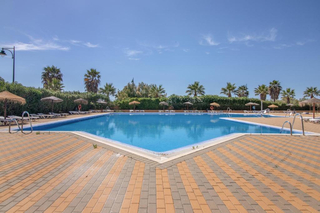 a large swimming pool with chairs and umbrellas at Los Albatros in Ayamonte