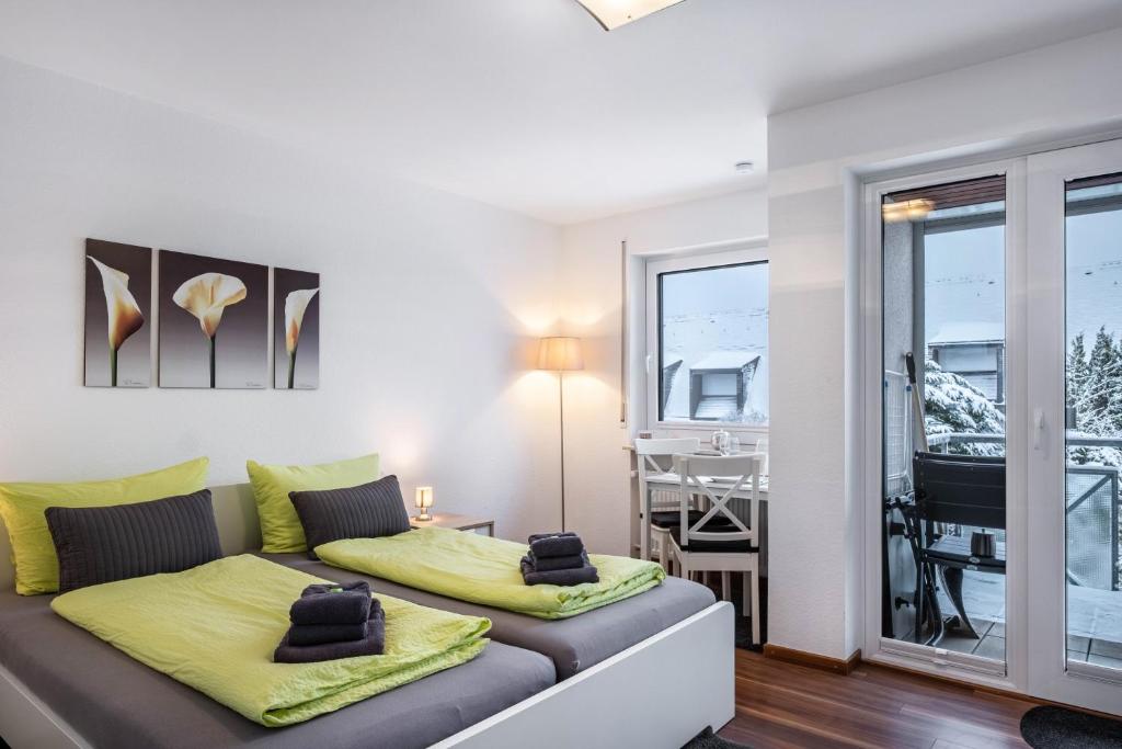 a living room with a couch and a window at Schwarzwaldblick F App 3 mit Pool in Schönwald