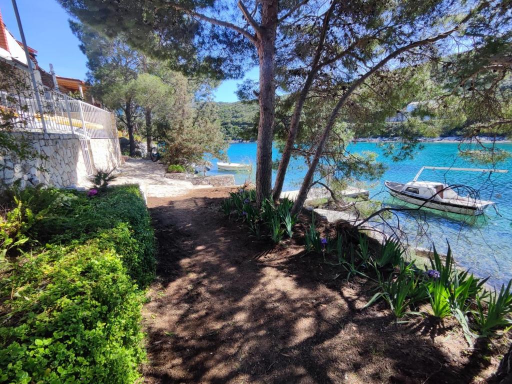 a boat sitting on the shore of a lake at Perina Haven - Island Vis Beachfront in Rogačić