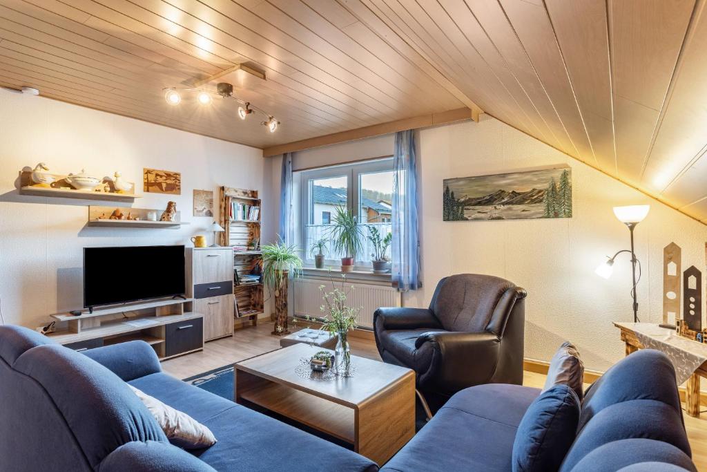 a living room with two blue couches and a tv at Ferienwohnung Desmecke in Olsberg