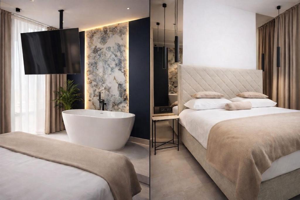 a bedroom with two beds and a bathtub and a television at Samstag ParkZone in Split