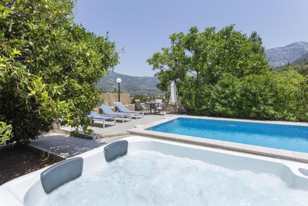 a swimming pool in a yard with chairs and trees at Sa Vinya de Son Bou in Sóller