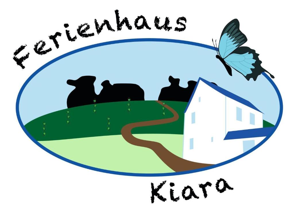 a label with a group of cats and a house and a butterfly at Ferienhaus Kiara in Westerhausen