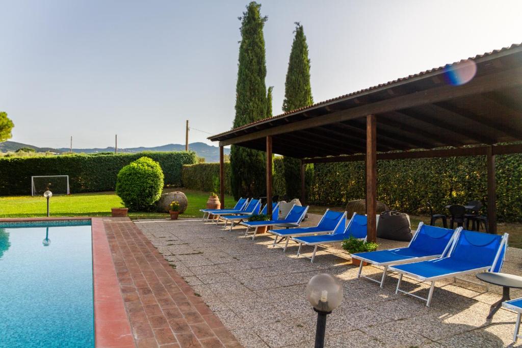 a row of blue lounge chairs next to a pool at Capracotta - Sole in Montemassi