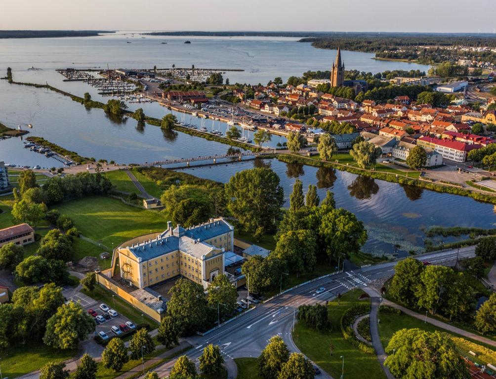 an aerial view of a city next to the water at Waterside Mariestad in Mariestad