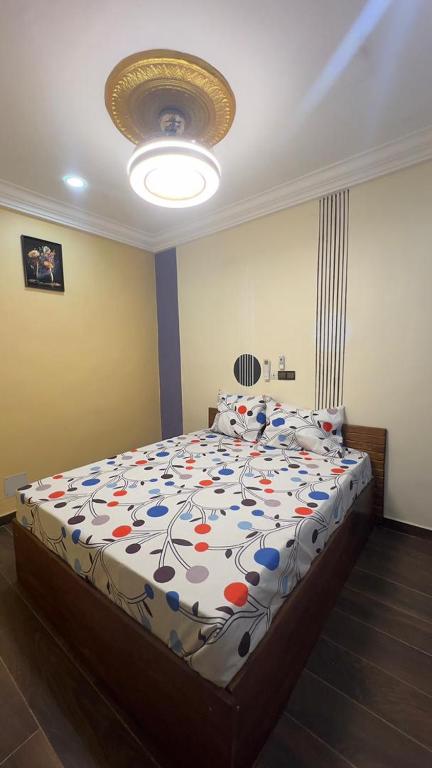 ein Schlafzimmer mit einem großen Bett und einer farbenfrohen Bettdecke in der Unterkunft Résidence AELA in Banfora