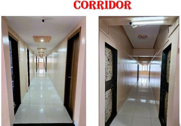 two pictures of a hallway in a building at Hotel Shreejay Lodging in Mahād