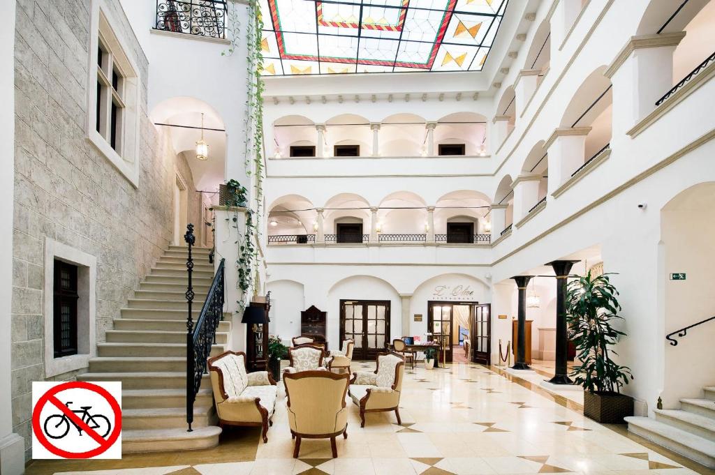 a view of the lobby of a building with a no cycling sign at Arcadia Boutique Hotel in Bratislava