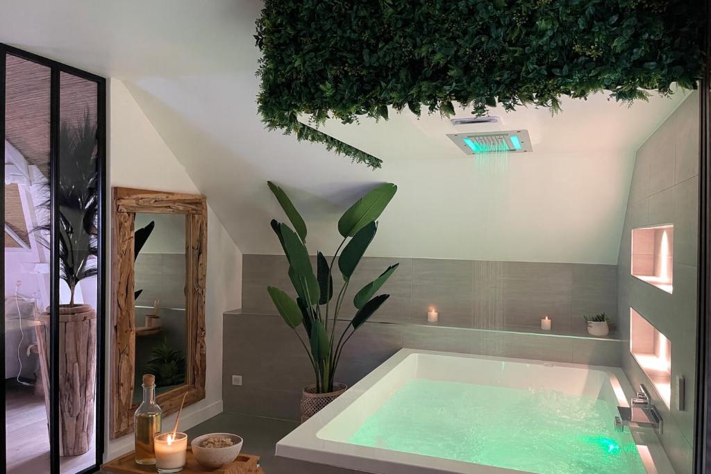 a bathroom with a tub with a plant and candles at La maison Balinaise in Haravilliers